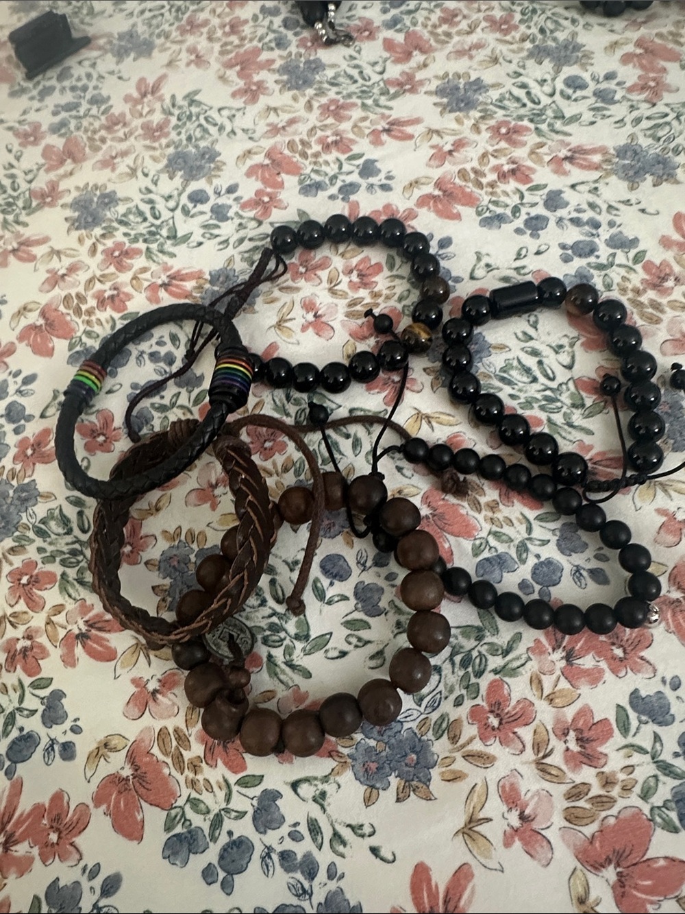 Set of Mixed Bead and Leather Bracelets in Black and Brown